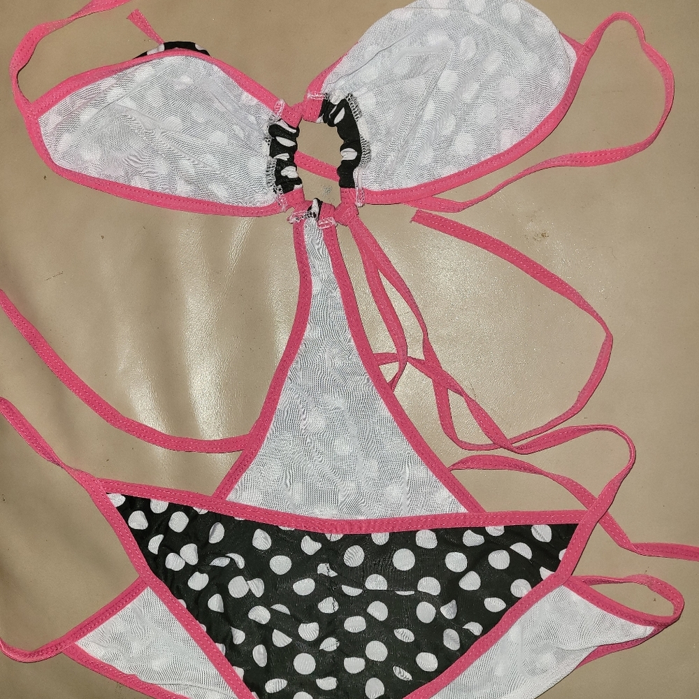 Black w/ White Polka Dots & Pink Trim Monokini - Picture 3 of 3